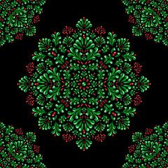 Fototapeta na wymiar Seamless pattern of stylized green bushes and branches with red berries and flowers on a black background