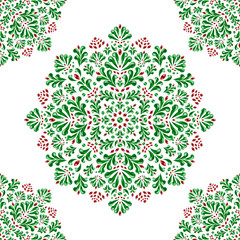 Seamless pattern of stylized green bushes and branches with red berries and flowers on a white background