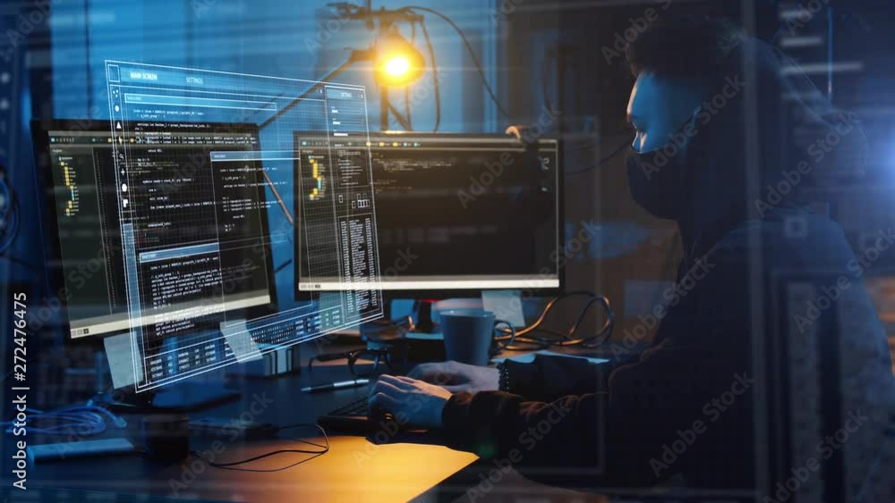 Poster cybercrime, hacking and technology concept - asian male hacker in mask writing code or using compute