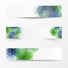  Set of light banners with shadow with geometric background of green triangles. Design Element