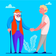 A young man voluntarily helps the old man. The idea of supporting a person to retire. Isolated vector illustration in cartoon style.
