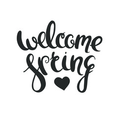 Welcome spring hand drawn vector lettering isolated on white. 