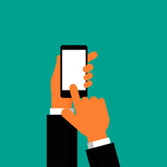 businessman hand is holding a realistic black smartphone display Isolated on blue background. Vector Illustration.