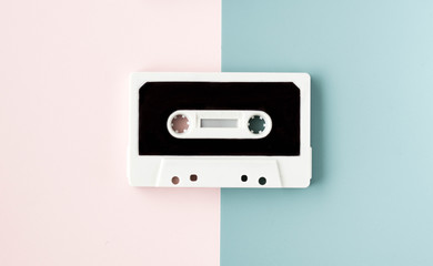 old cassette for tape recorder in happy pastel colors background