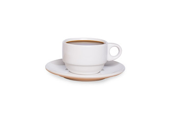 Coffee cup on wooden table isolated on white background with clipping path