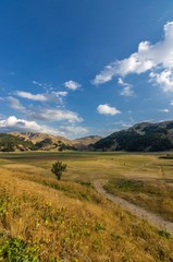 View of the valley in the mountains with summer activities