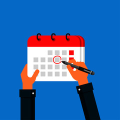 businessman hand holding a calendar and pen mark calendar Isolated on blue background. Vector Illustration.