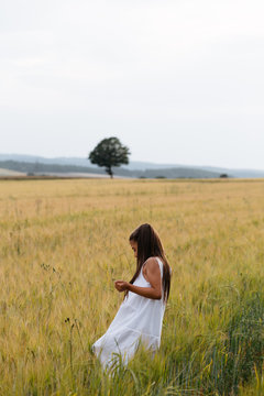 Little girl in white dress is in the wheat field