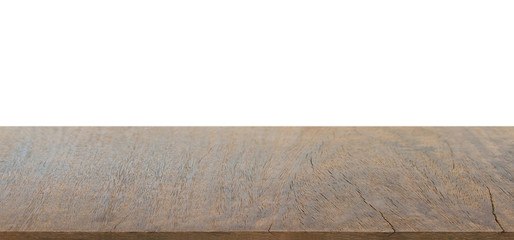 Empty dark wood table top isolated on white background with clipping path and copy space for display or montage your products