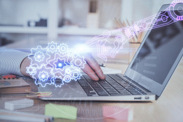 Businessman working on Laptop with technology theme drawing. Concept of big data. Double exposure.