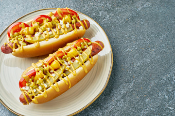 Dish with two hot dogs on stone table
