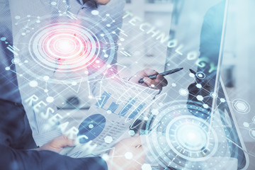 Multi exposure of tech drawings with man working on computer background. Concept of innovation.