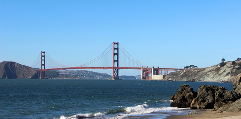 The Golden Gate Bridge, California,  United States of America. View of the bridge from the Baker beach.