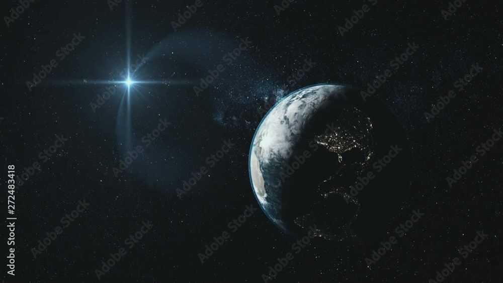 Wall mural earth close up reverse orbit deep space sight. planet rotation outer starry constellation universe t