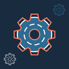 Linear settings icon with image of gear wheel line sign. Vector gear logo concept in trendy style with thin contour cogs symbol for app design, website, and print materials. Color outline icon.