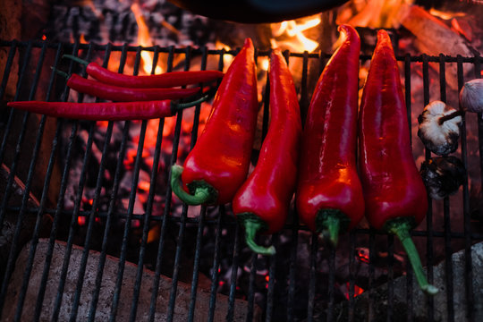 Red peppers on barbeque