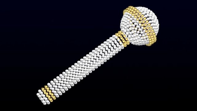 White and golden colored spheres shaped as microphone turn around on black and dark blue background. Loopable. Luma matte. 3D rendering.