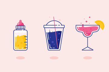 Vector drinks icons. Baby bottle, smoothie, strawberry margarita illustrations