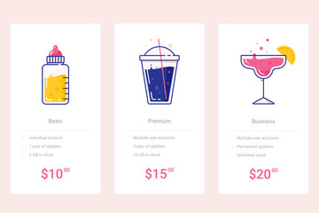 Vector pricing table template with drinks illustrations. Baby bottle, smoothie, strawberry margarita icons - 272484620