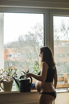 Pregnant woman watering her plants on her window at her home