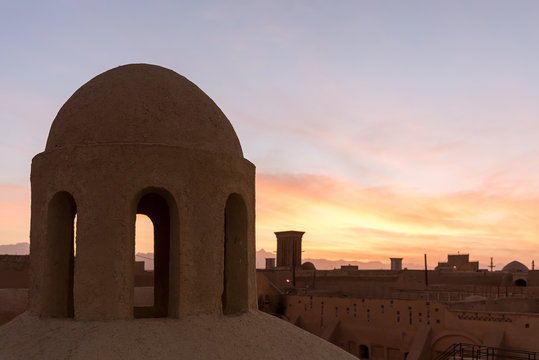 Wind towers and town skyline