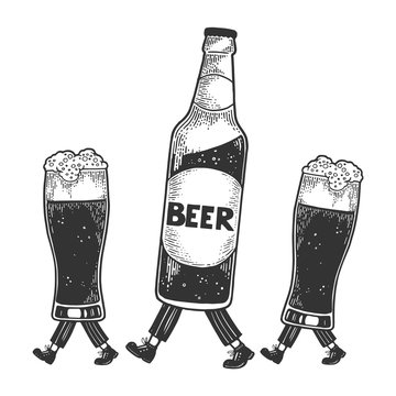 Beer bottle with glass cups walks on its feet sketch engraving vector illustration. Scratch board style imitation. Black and white hand drawn image.