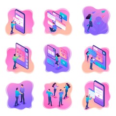 Isometric bright concepts with teenagers or young entrepreneurs. Vector illustration for website design