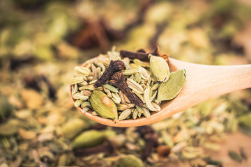 spices for masala on a wooden spoon, anise, fennel, cardamom, cloves
