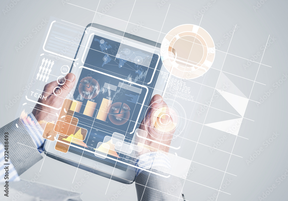 Poster interface of mobile application with charts and financial data