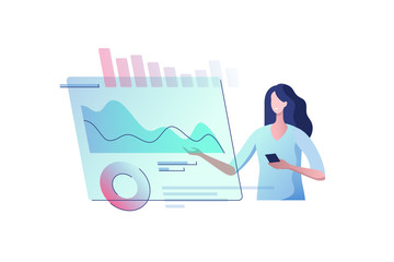 Young woman with a virtual monitor. Concept of digital technology. Remote business process management. Vector illustration.