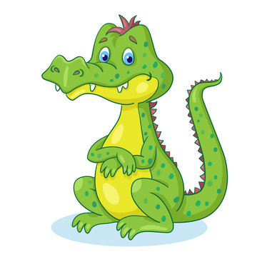 Funny crocodile sitting.  In cartoon style. Isolated on white background.