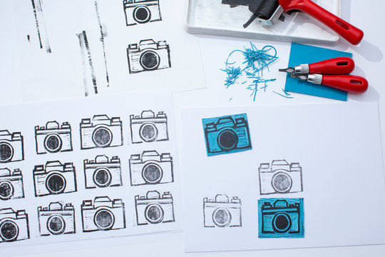 Camera Linocut, closeup/detail shot