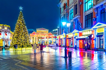 Moscow. Russia. New year Moscow decoration. Christmas trees on Moscow streets. Bright Christmas signs of streets. Winter holidays festivity. New year's weekend trip in Russian capital.