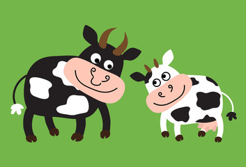 A bull and a cow on a green background. Vector illustration.