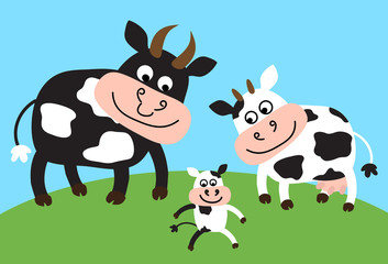 Bull and cow with a baby on a blue background. Vector illustration. 