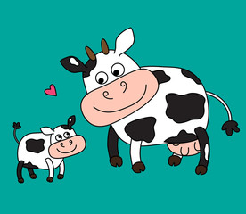 A cow and her calf on a green background. Vector illustration. 