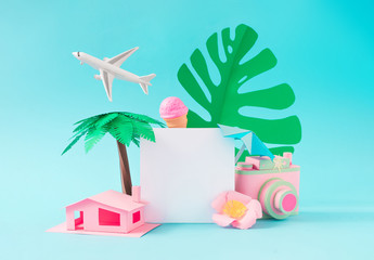 Summer vacation concept with beach house, tropical palms and travel items on pastel blue background with creative copy space. Minimal summer travel background.