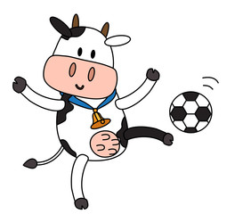 Active cow playing butbobol on a white background. Vector illustration.