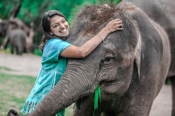 Girl having fun with elephants at Patara Elephant Farm, Chiang Mai, Thailand