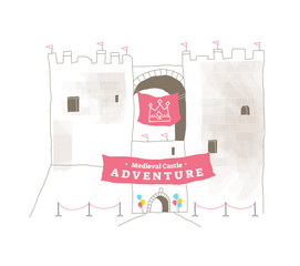 Medieval castle adventure hand drawn vintage illustration, tourist attraction historical building.