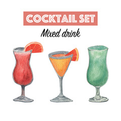 Watercolor set of alcohol cocktails: blue Curacao, Aperol Spritz, Tequila Sunrise. Isolated, high resolution elements for summer menu, invitations, vacation design.