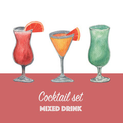 Watercolor set of alcohol cocktails: blue Curacao, Aperol Spritz, Tequila Sunrise. Isolated, high resolution elements for summer menu, invitations, vacation design.