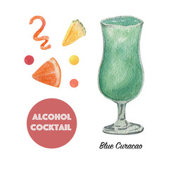 Watercolor layouts of alcohol cocktails Blue Curacao with decoration. Isolated, high resolution elements for summer menu, invitations, vacation design.