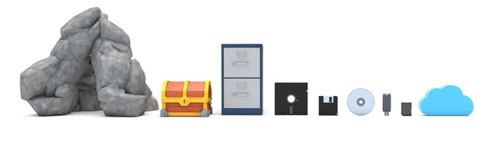 3D illustration of The Evolution Of Storage Devices
