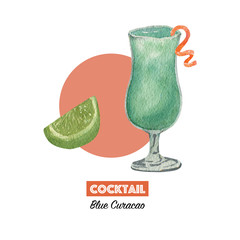 Watercolor layouts of alcohol cocktails Blue Curacao with decoration. Isolated, high resolution elements for summer menu, invitations, vacation design.