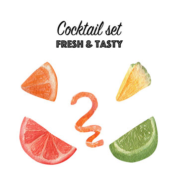 Slices Of Fruits For Decoration Of Cocktails. Hand Drawn Summer Set: Orange, Grapefruit, Pinapple, Spiral Peel Of Orange And Piece Lime. Watercolor Set For Menu, Invitations, Vacation Design.