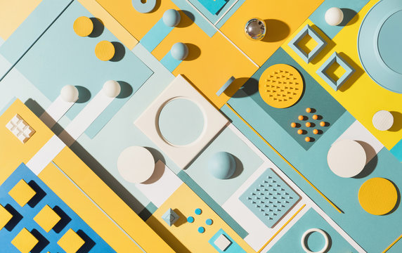 blue/cyan and yellow abstract geometric composition/still life.