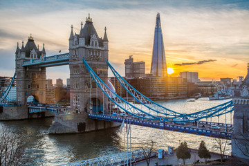 London, Tower Bridge and the Shard along the river Thames