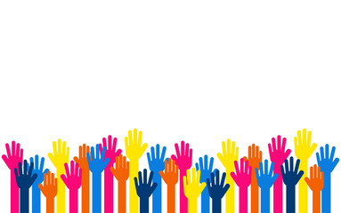 colorful raised hands. Volunteer concept Isolated on white background. Vector Illustration.