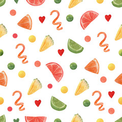 Watercolor pattern with slice fruits for decoration of cocktails. Orange, grapefruit, pinapple, spiral peel of orange and piece lime. High resolution elements for summer menu
